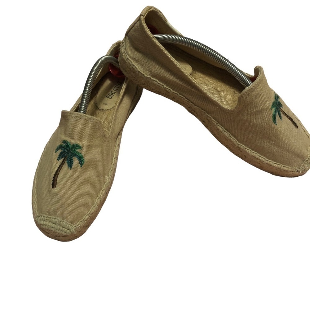 Soludos Tan Jute Canvas Smoking Espadrille Palm Tree Slippers. Size 8.